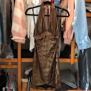 Bebe bronze/gold metallic halter mini dress